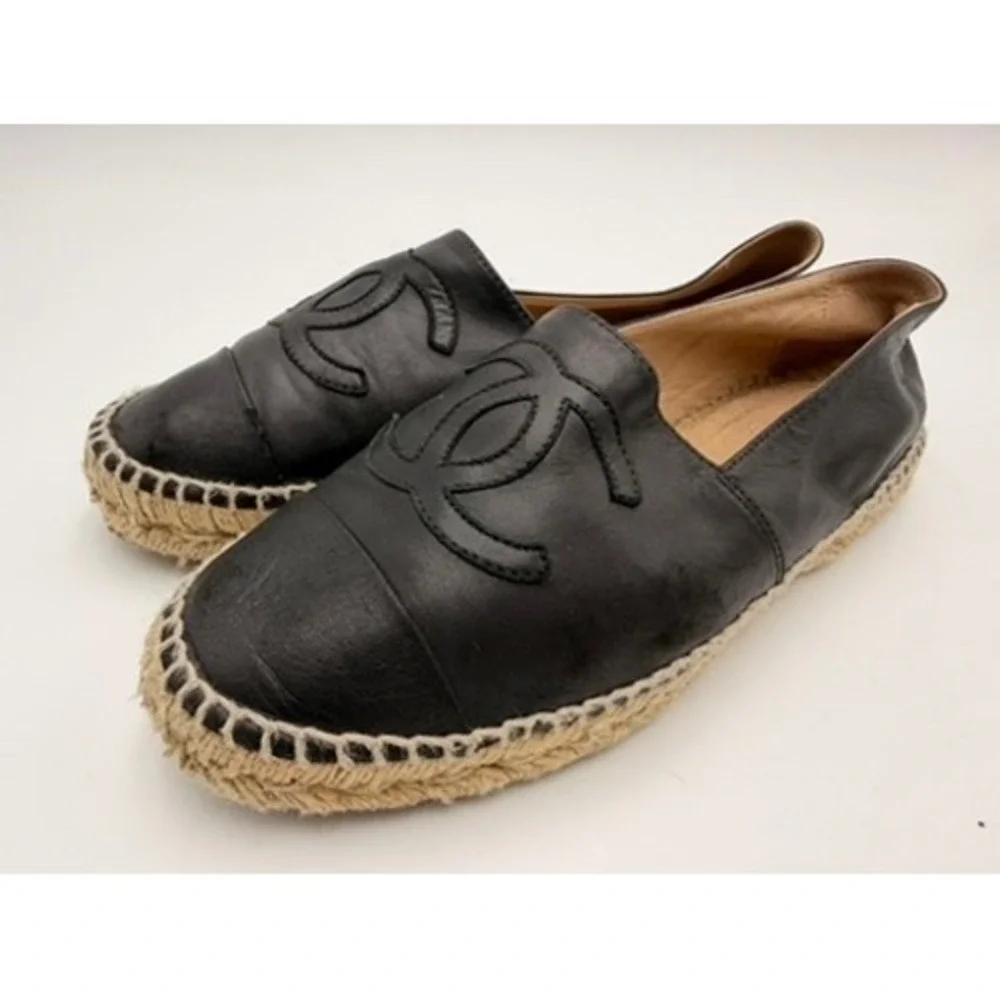 Chanel Espadrilles Women Black Good Lambskin Leather CC Logo‎ Flats